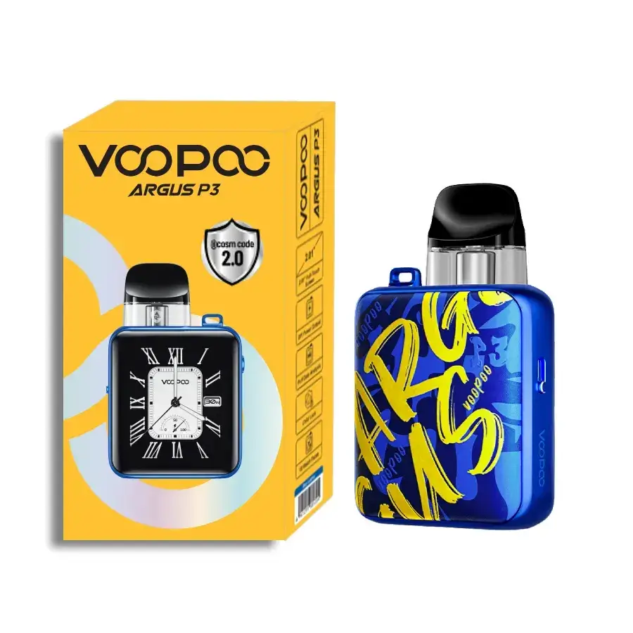 VOOPOO ARGUS P3 Pod Kit 產品零售包裝盒特寫。外盒側面清晰標示產品特色:3mL 大容量、Top Fill Cartridge (頂部注油煙彈),以及內含 0.4Ω / 0.7Ω 兩種阻值規格。